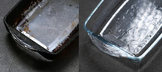 Collage before and after, intermediate result. A baking dish cleaned from a thick layer of carbon....