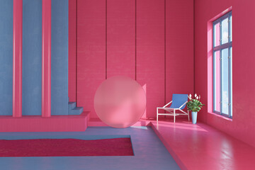 Surreal interior blue and red interior