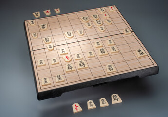 Shogi  a sort of  Japanese chess or the Game of Generals. A two-player strategy board game. One of the classic debutes. Hieroglyphs are the names of chess pieces: i.e. 王將 - king; 飛車 - rook; 歩兵 - pawn