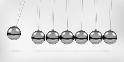 Newton's cradle pendulum with swinging spheres metal balls 3d realistic vector illustration. Hanging balancing balls of newtons cradle science business gadget leadership or communication concept.