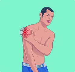 Fototapeta premium Man with pain at injection site after getting COVID-19 vaccine vector illustration.