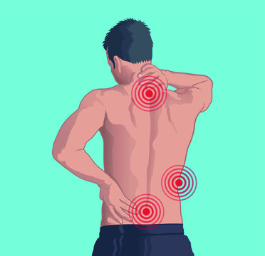 Shirtless man with back and neck pain vector illustration.