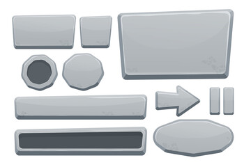 Stone buttons collection, set of rock assets in cartoon style isolated on white background. Mineral detailed objects ui game interface, app pannel.