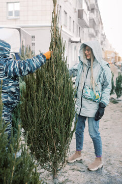 Woman choosing a Christmas tree on the market