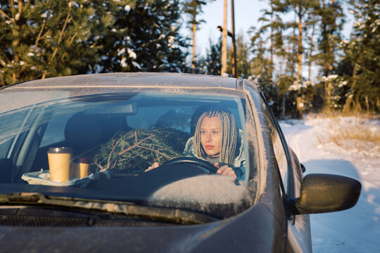 Woman driving through forest with a fir tree