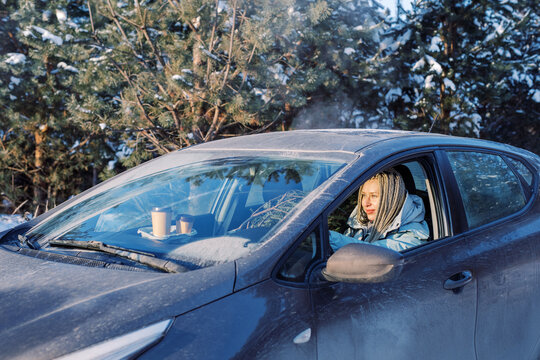 Woman driving through forest with a fir tree
