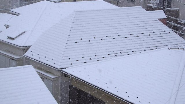日本の住宅の屋根を背景に雪が降る映像