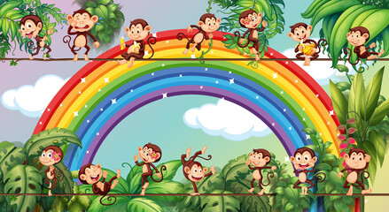 Obraz na płótnie Canvas Different monkey cartoon characters on the rope on rainbow background