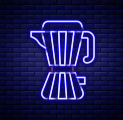 Glowing neon line Coffee maker moca pot icon isolated on brick wall background. Colorful outline concept. Vector