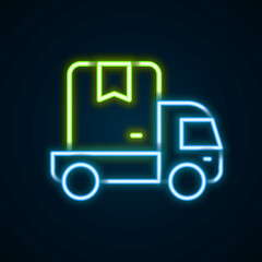 Glowing neon line Delivery cargo truck vehicle icon isolated on black background. Colorful outline concept. Vector