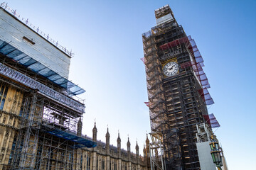 Famous Big Ben (Great Bell) in scaffolding during major renovation. Palace of Westminster on...