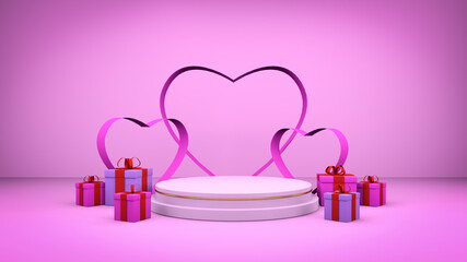 3d gifts and hearts background. Festive pink bright backdrop with boxes of gifts for valentine's day or other holiday.