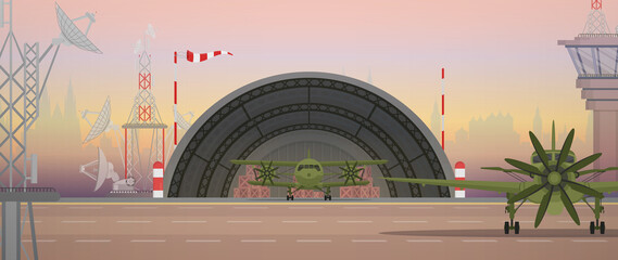 Airport with military aircraft, take-off strip and flight control point. Cartoon style.