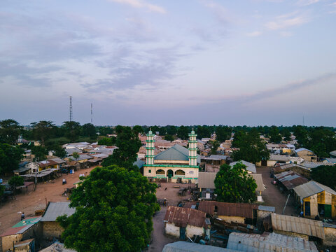 Mosque near buildings in town