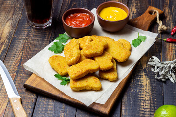 Chicken nuggets with two sauces. Fast food. American food.