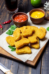 Chicken nuggets with two sauces. Fast food. American food.