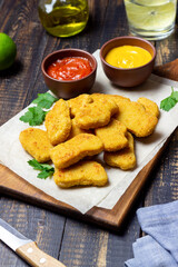 Chicken nuggets with two sauces. Fast food. American food.