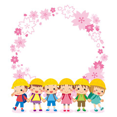 Obraz na płótnie Canvas 手を繋いで笑っている可愛い小学生の子供たち　桜の花びら　フレーム　コピースペース　テンプレート