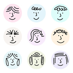A collection of round social media highlight icons. Minimalist contemporary design of children faces representing childhood, fun, and happiness. Originally created from hand drawn design.