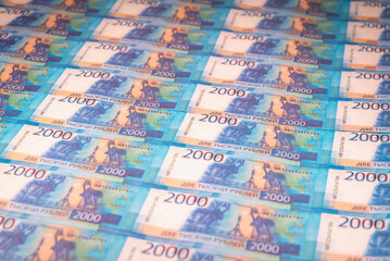 Russian money, 2000 rubles, money bills. Printing of paper money.