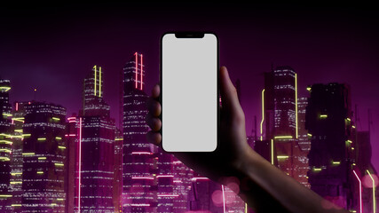 Man holding Phone in Cyberpunk environment.