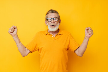 Photo of retired old man with a gray beard in glasses isolated background