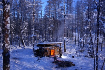 A hut in a snowy forest
