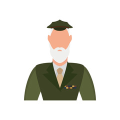 Old man in green uniform icon. Cartoon style.