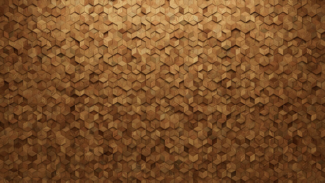 Soft sheen Tiles arranged to create a Diamond Shaped wall. Wood, 3D Background formed from Natural blocks. 3D Render