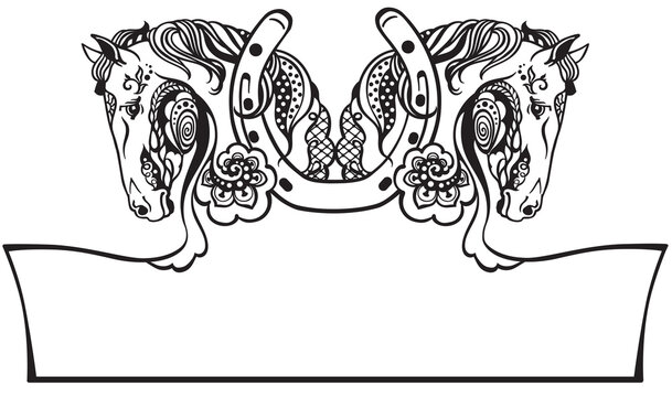 recommend clip art: two horses heads in profile and a horseshoe. Flower style. Banner, template, logo. Isolated black and white vector illustration