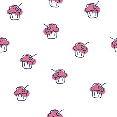 Muffins seamless pattern. Sweet cakes with cherries background. For menus of restaurants, shops and printing, wallpaper, textile. Vector cartoon Illustration
