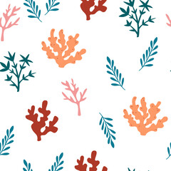 Fototapeta na wymiar Seaweed seamless pattern. Underwater algae, corals background. Marine life. Great for fabric, textile. Vector cartoon Illustration