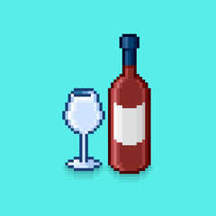 colorful simple flat pixel art illustration of bottle of red wine and wineglass beside