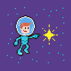 colorful simple flat pixel art illustration of cartoon smiling spaceman in space suit in outer space touching a star © George_Chairborn