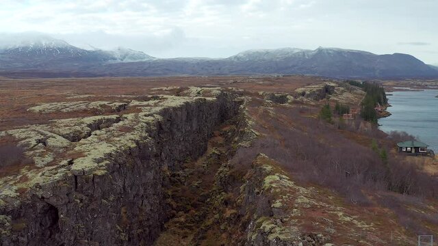 Eurasian tectonic plates drone close up, geologic formation in Thingvellir national park, Iceland