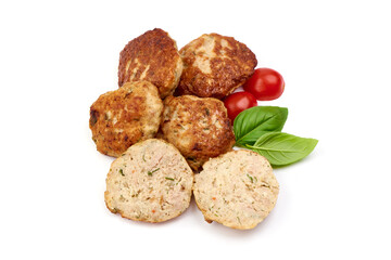 Grilled cutlets, fried meatballs, isolated on white background.