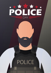 Police day banner. Policeman on the background of the flag. Cartoon style.