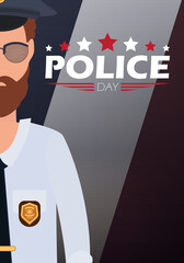 Police day banner. Policeman on the background of the flag. Cartoon style.