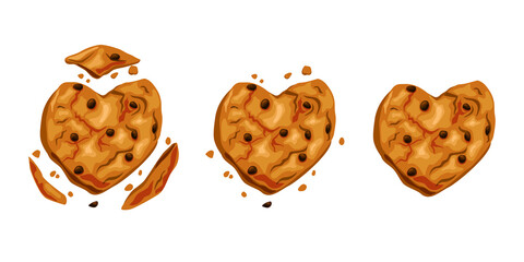 Broken cookies with chocolate chips. Cookie heart. Fresh baking animation. Vector cartoon illustration
