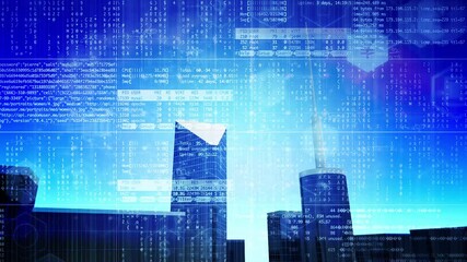 Digital composite video of digital interface with data processing and business-themed icons against tall glass skyscrapers cityscape background. computer interface, business and technology concept. - Powered by Adobe