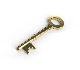 Golden key on white background. 3D render.