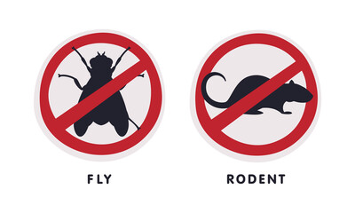 Fly and Rodent Red Warning or Prohibition Sign with Cross Line Vector Set