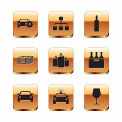 Set Car service, , Police car and flasher, Burning candles, Paper money dollars cash and Bottle of wine icon. Vector