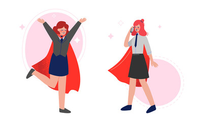 Fototapeta na wymiar Super Business Woman Character in Red Cape Speaking by Phone and Jumping Vector Set