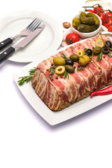 Traditional French terrine covered with bacon isolated on white background