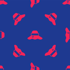 Red Fisherman hat icon isolated seamless pattern on blue background. Vector