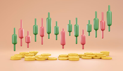 3D Rendering of minimal trading graph red and green with coins on background concept of stock market data analysis trend in stock market. 3D Render illustration.