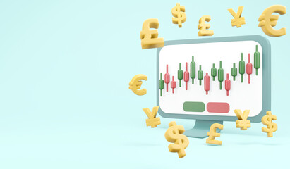 3D Rendering of computer screen with stock market trading graph on screen and money currency coin icon floating around with copy space concept of trading on laptop. 3D Render illustration.