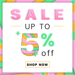 Sale up to 5% off Promotion Discount Online Shopping Abstract Pink Green Orange Mountain Geography Contour Map 3D Layer Cutout Paper Card Advertising Web Banner Marketing 