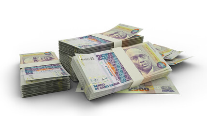 3D Stack of Cape Verdean escudo notes isolated on white background